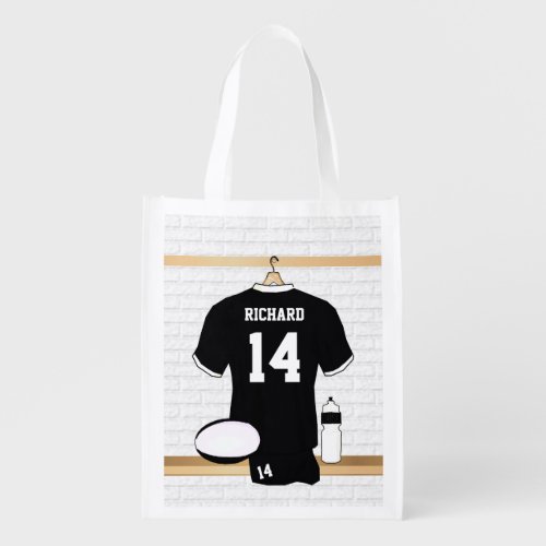 Personalized Rugby Jersey Black and White Grocery Bag