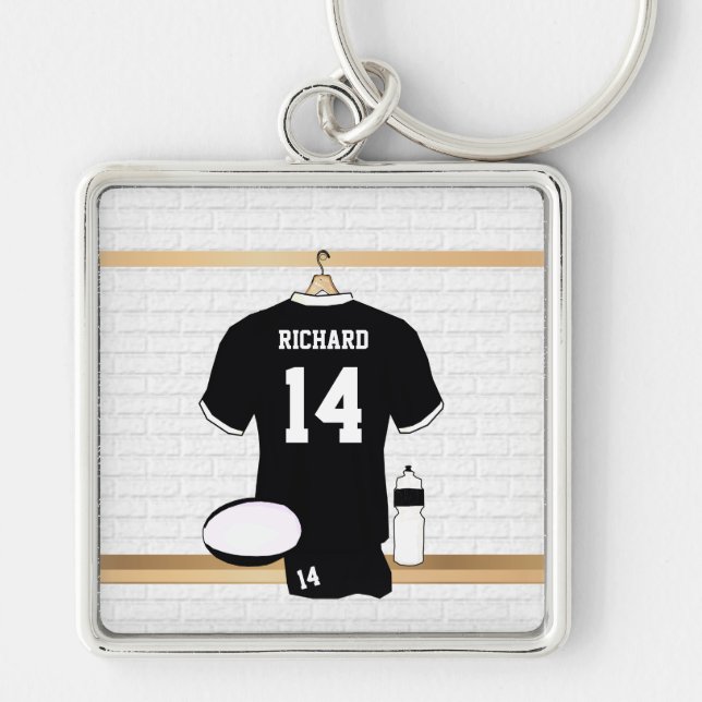 Personalized Rugby Jersey Black and White Keychain (Front)