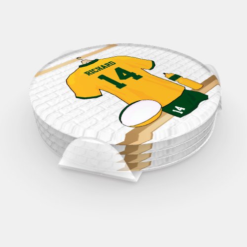 Personalized Rugby Jersey Gold and green Coaster Set