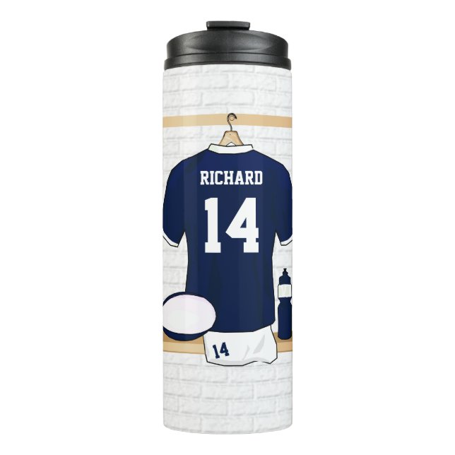 Personalized Rugby Jersey in locker room Thermal Tumbler (Front)