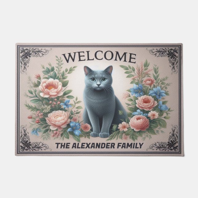 Personalized Russian blue Cat Floral Chic Welcome Doormat (Front)