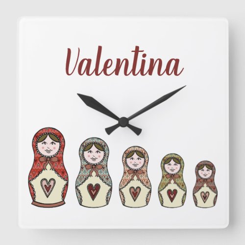 Personalized Russian Nesting Matryoshka Doll Square Wall Clock