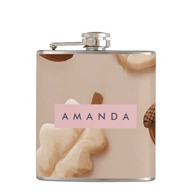 Personalized Rustic Acorn & Oak Leaf Pattern  Flask (Front)