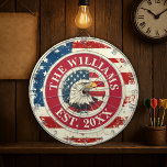 Personalized Rustic American Flag Patriotic Eagle Dart Board<br><div class="desc">Patriotic 4th of July party dartboard personalized with the family surname and the established date on a red background with a rustic distressed US flag illustration and an eagle in the center.</div>