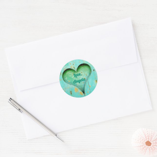 Personalized Rustic Aqua Green Heart Classic Round Sticker (Envelope)