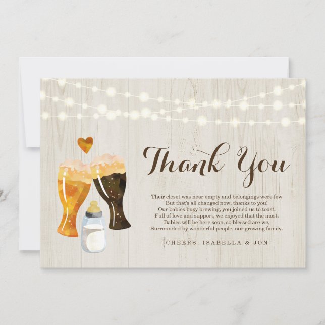 Personalized Rustic Baby Brewing Baby Shower Twins Thank You Card (Front)