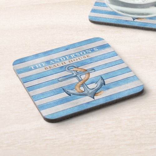 Personalized Rustic Beach House Nautical Stripes Beverage Coaster