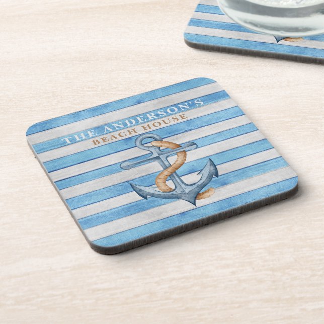 Personalized Rustic Beach House Nautical Stripes Beverage Coaster (Left Side)