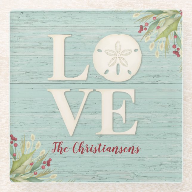 Personalized Rustic Beach Sand Dollar Square Glass Coaster (Front)