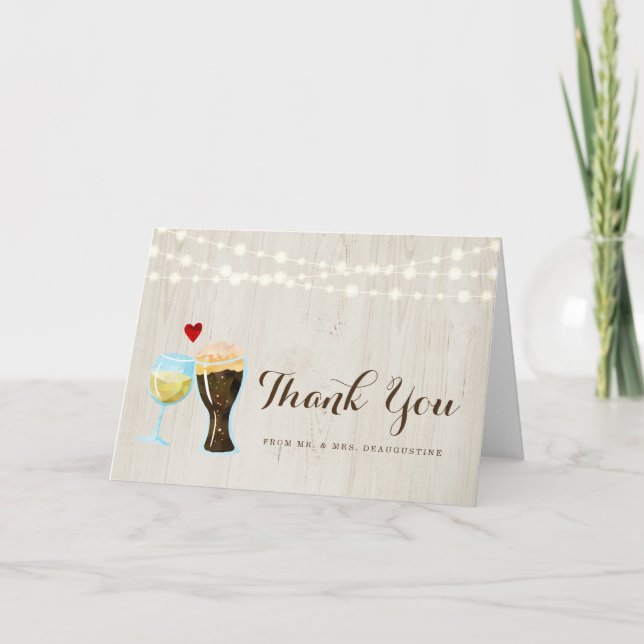 Personalized Rustic Beer & Wine Wedding Thank You Card (Front)