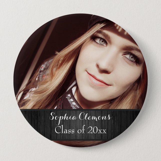 Personalized Rustic Black Wood Photo Grad Year Pinback Button (Front)