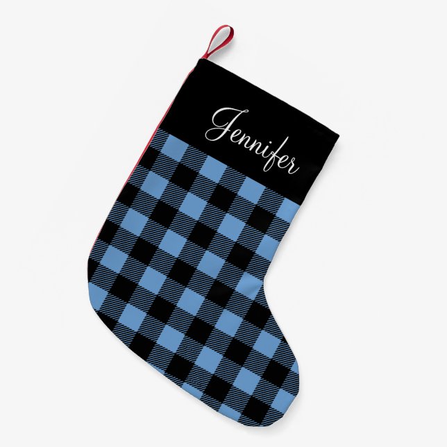 Personalized Rustic Blue Buffalo Plaid Small Christmas Stocking (Front (Hanging))