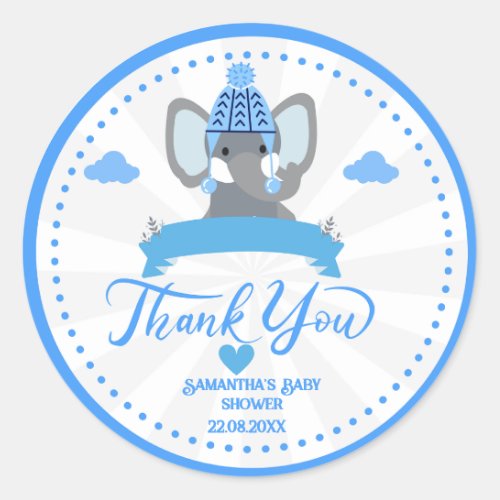 Personalized Rustic Blue Elephant  boy Baby Shower Classic Round Sticker