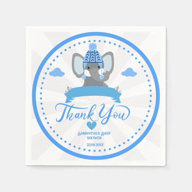Personalized Rustic Blue Elephant  boy Baby Shower Napkins (Front)