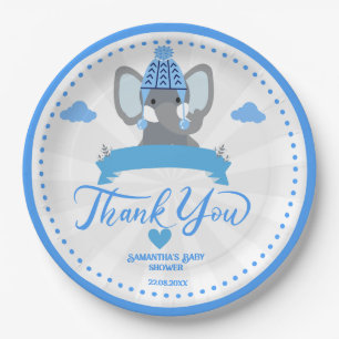 Personalized Rustic Blue Elephant boy Baby Shower Paper Plates