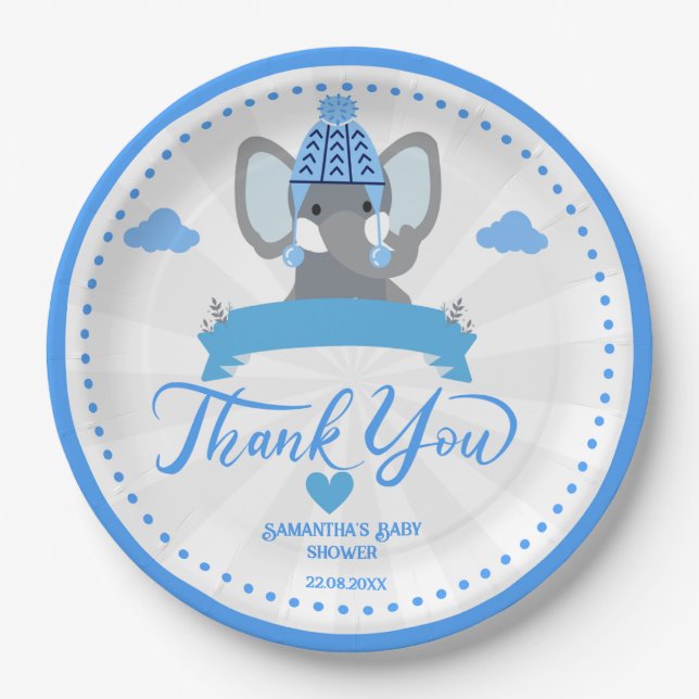 Personalized Rustic Blue Elephant  boy Baby Shower Paper Plates (Front)