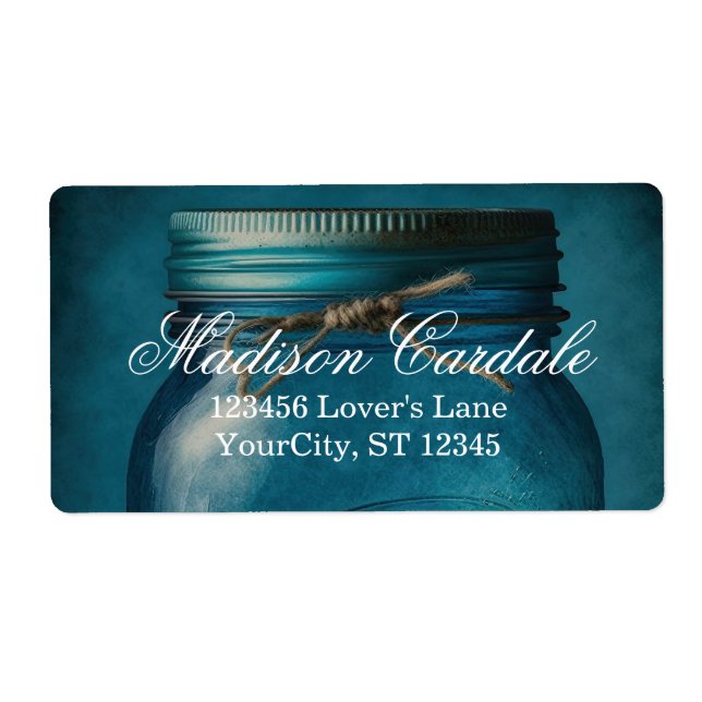 Personalized Rustic Blue Glass Mason Jar Wedding L Label (Front)