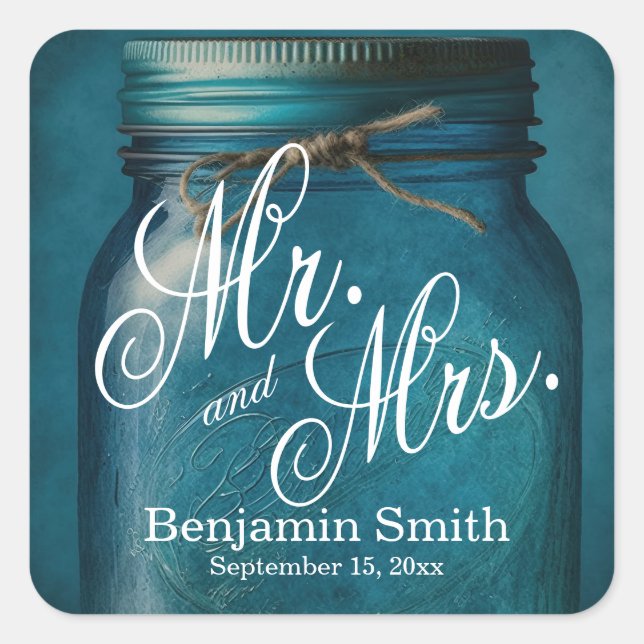 Personalized Rustic Blue Glass Mason Jar Wedding Square Sticker (Front)