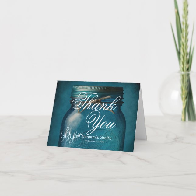 Personalized Rustic Blue Glass Mason Jar Wedding Thank You Card (Front)