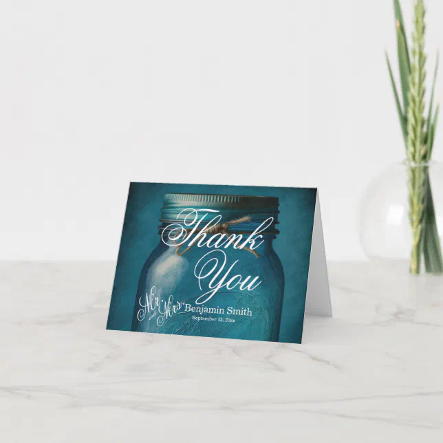 Personalized Rustic Blue Glass Mason Jar Wedding Thank You Card | Zazzle