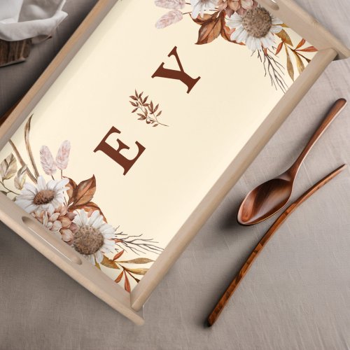 Personalized Rustic Boho Floral Monogram Cream Serving Tray