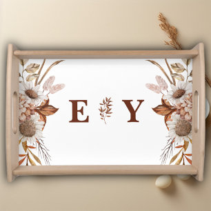 Personalized Rustic Boho Floral Monogram White Serving Tray