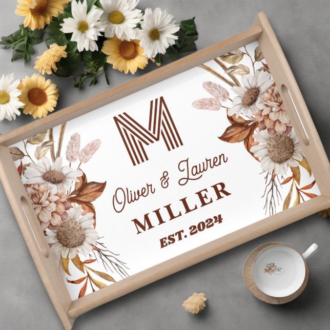 Personalized Rustic Boho Floral Monogram White Serving Tray (Creator Uploaded)
