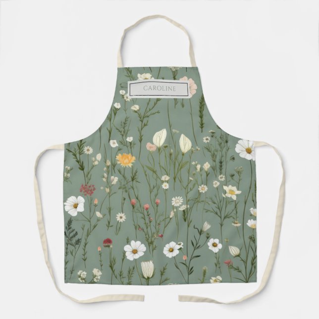 Personalized Rustic Boho Flowers Sage Green Apron (Front)
