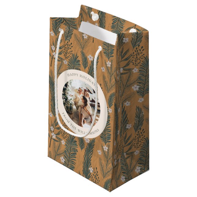 Personalized Rustic Botanical Nature Holiday Photo Small Gift Bag (Front Angled)