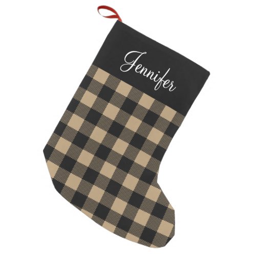 Personalized Rustic Brown Buffalo Check Small Christmas Stocking