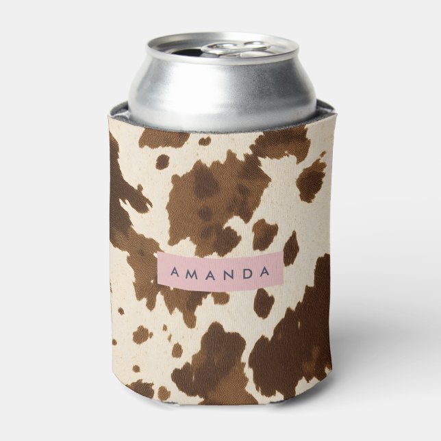 Personalized Rustic Brown Cowhide Print Can Cooler (Can Front)