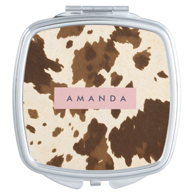 Personalized Rustic Brown Cowhide Print Compact Mirror (Front)