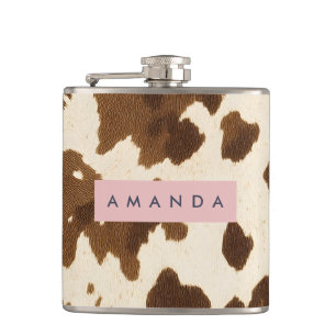 Personalized Rustic Brown Cowhide Print Flask
