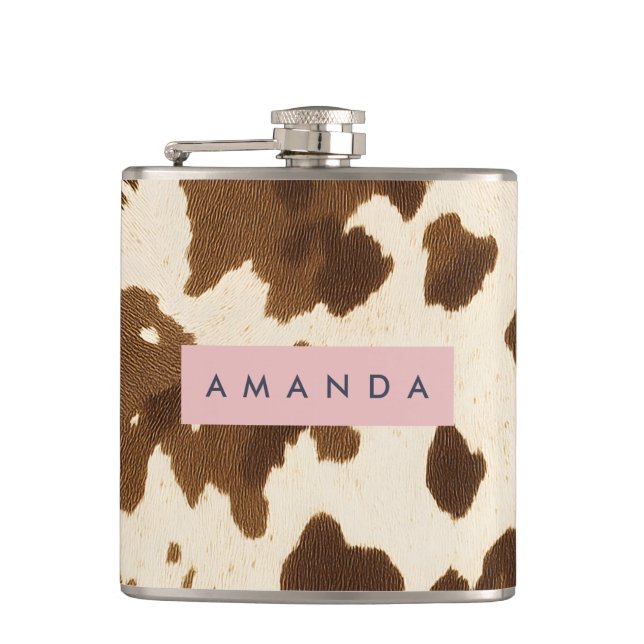 Personalized Rustic Brown Cowhide Print Flask (Front)