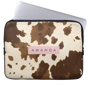 Personalized Rustic Brown Cowhide Print Laptop Sleeve