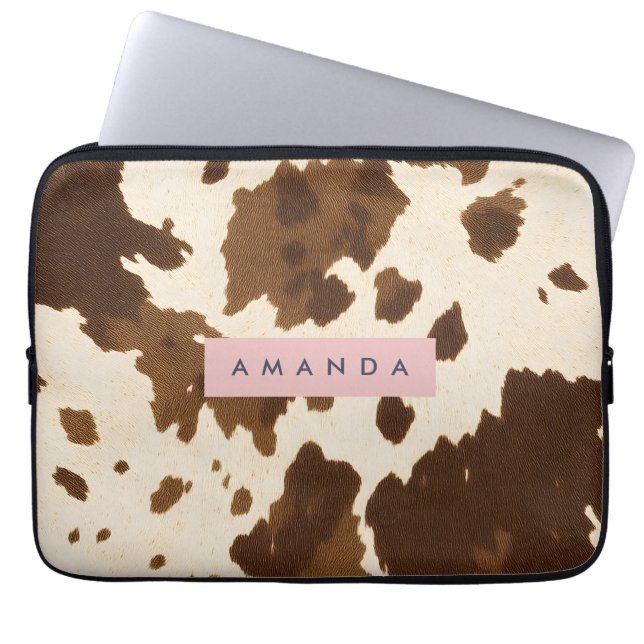 Personalized Rustic Brown Cowhide Print Laptop Sleeve (Front)