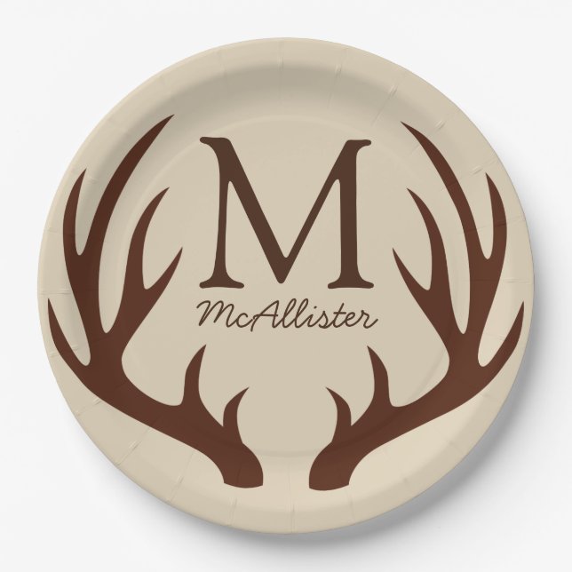 Personalized - Rustic Brown Deer Antlers Ecru Paper Plates (Front)