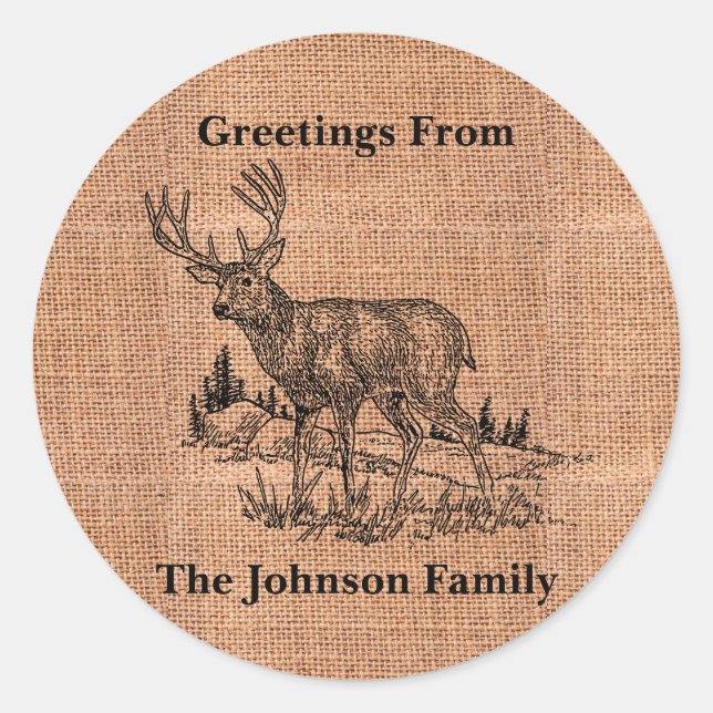 Personalized Rustic Burlap And Deer Illustration Classic Round Sticker (Front)