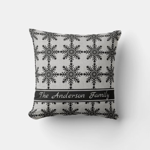 Personalized Rustic Burlap Black Snowflake Pattern Throw Pillow