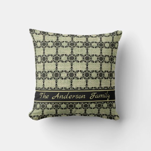 Personalized Rustic Burlap Black Snowflake Pattern Throw Pillow