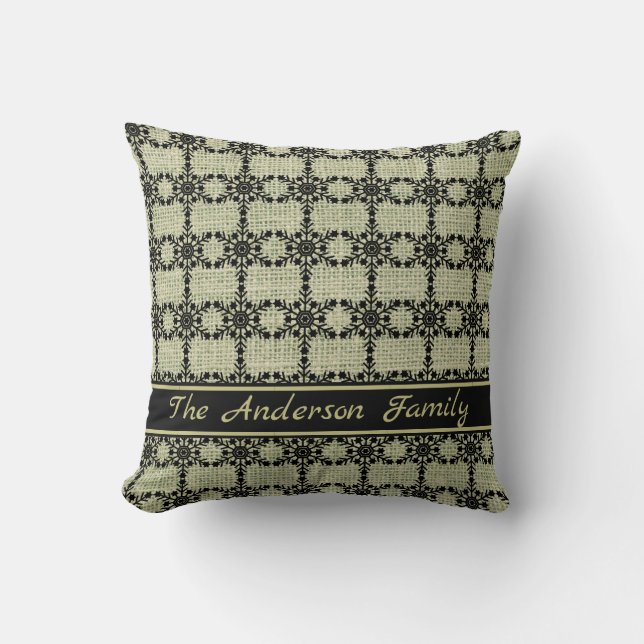 Personalized Rustic Burlap Black Snowflake Pattern Throw Pillow (Front)