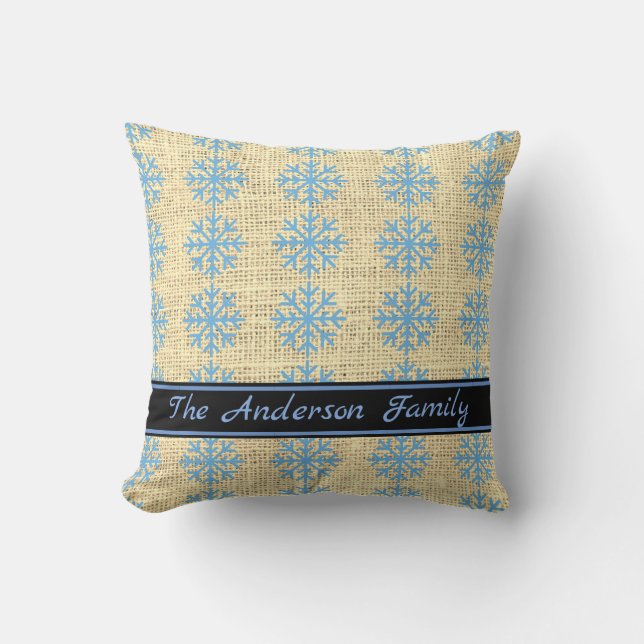 Personalized Rustic Burlap Blue Snowflake Pattern Throw Pillow (Front)