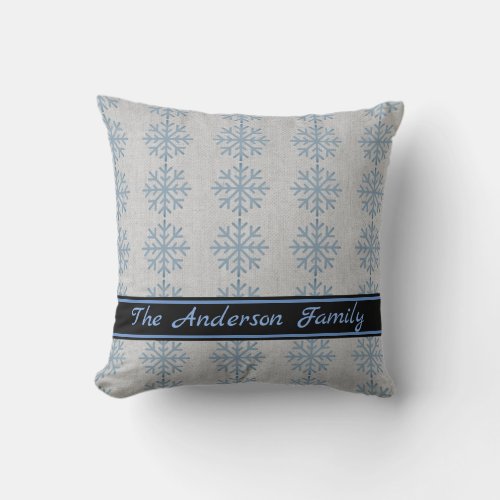 Personalized Rustic Burlap Blue Snowflake Pattern Throw Pillow