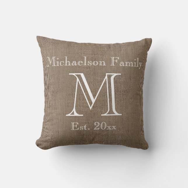 Personalized Rustic Burlap-Look Family Keepsake Throw Pillow (Front)