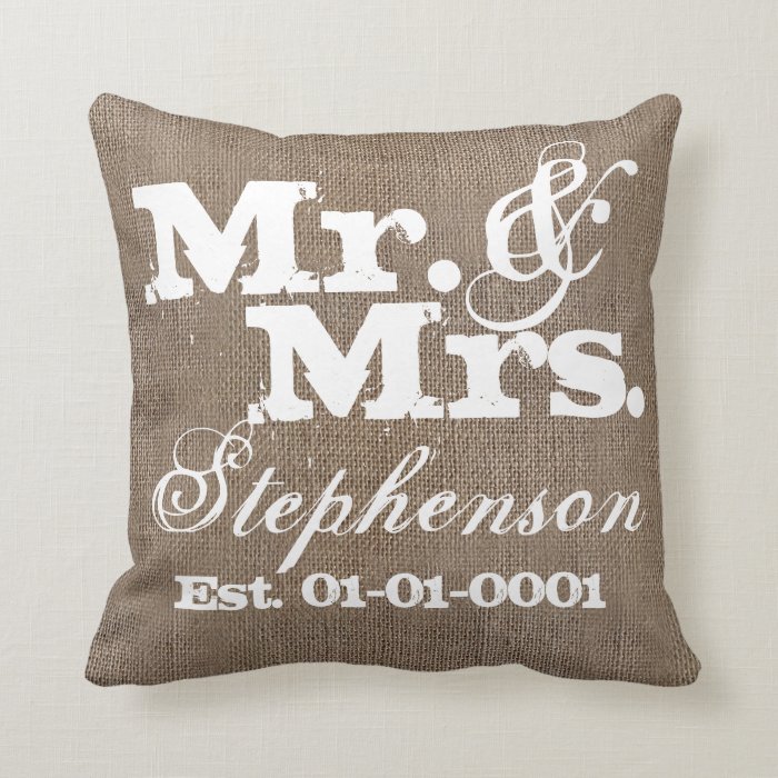 Personalized Rustic Burlap Look Wedding Keepsake Throw Pillow