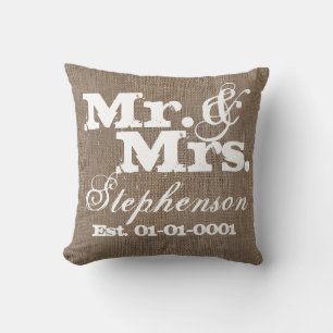 Personalized Rustic Burlap-Look Wedding Keepsake Throw Pillow