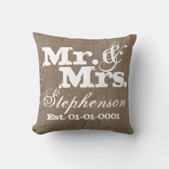 Personalized Rustic Burlap-Look Wedding Keepsake Throw Pillow (Front)