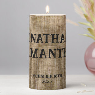 Personalized Rustic Burlap Nature Wedding Pillar  Candle