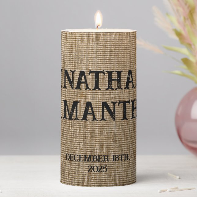 Personalized Rustic Burlap Nature Wedding Pillar  Pillar Candle (In Situ)