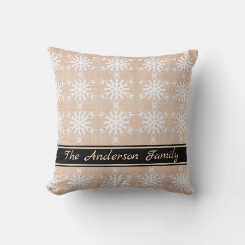 Personalized Rustic Burlap White Snowflake Pattern Throw Pillow